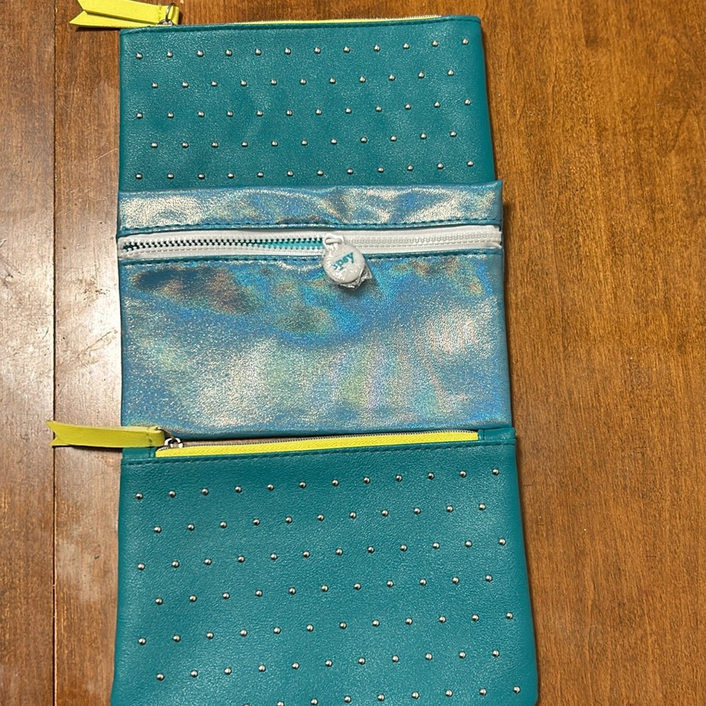 Faux Leather Ipsy Teal Blue Cosmetic Bags. A set of Three Bags.